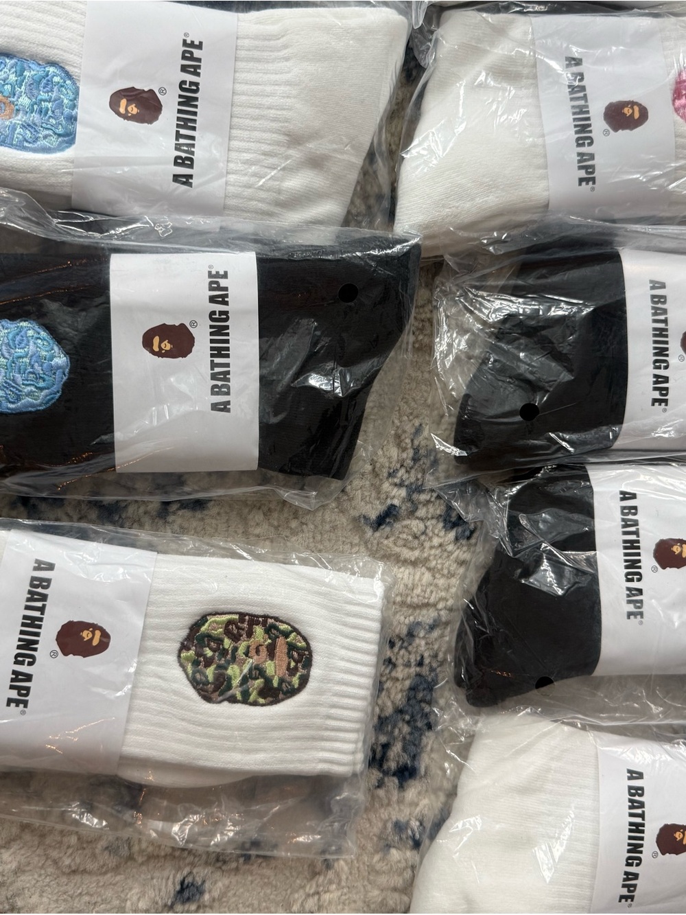 A Bathing Ape Men's Crew Socks — White & Black Logo Pack